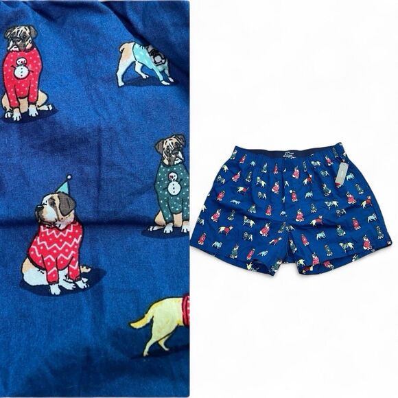 J Crew Boxers Mens M Blue Christmas Dog Print Cotton Sleep Lounge Shorts Pajama - Picture 1 of 12